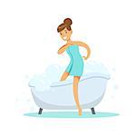Girl Going Out OF Bathtub, Part Of People In The Bathroom Doing Their Routine Hygiene Procedures Series. Person Using Lavatory Room For The Daily Washing And Personal Cleanup Vector Illustration.