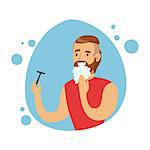 Man Shaving Beard, Part Of People In The Bathroom Doing Their Routine Hygiene Procedures Series. Person Using Lavatory Room For The Daily Washing And Personal Cleanup Vector Illustration.