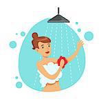 Woman Washing Herself With Sponge In Shower, Part Of People In The Bathroom Doing Their Routine Hygiene Procedures Series. Person Using Lavatory Room For The Daily Washing And Personal Cleanup Vector Illustration.