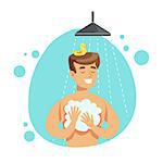 Man Washing Himself With Soap In Shower, Part Of People In The Bathroom Doing Their Routine Hygiene Procedures Series. Person Using Lavatory Room For The Daily Washing And Personal Cleanup Vector Illustration.