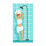 Girl Covered In Foam Taking Shower, Part Of People In The Bathroom Doing Their Routine Hygiene Procedures Series. Person Using Lavatory Room For The Daily Washing And Personal Cleanup Vector Illustration.