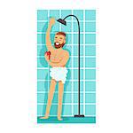 Man Washing Himself With Washcloth In Shower, Part Of People In The Bathroom Doing Their Routine Hygiene Procedures Series. Person Using Lavatory Room For The Daily Washing And Personal Cleanup Vector Illustration.