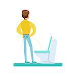 Man Peeing In The Tolet, Part Of People In The Bathroom Doing Their Routine Hygiene Procedures Series. Person Using Lavatory Room For The Daily Washing And Personal Cleanup Vector Illustration.