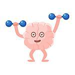 Humanized Brain Working Out In Gym With Dumbbells, Intellect Human Organ Cartoon Character Emoji Icon. Human Mind And Lifestyle Emoticon Illustration Showing Intellectual Brainpower.