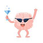 Humanized Brain At The Party Having A Drink And Partying Hard, Intellect Human Organ Cartoon Character Emoji Icon. Human Mind And Lifestyle Emoticon Illustration Showing Intellectual Brainpower.