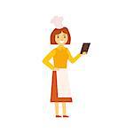 Woman Cook In Apron Looking For Recepy On Smartphone, Person Being Online All The Time Obsessed With Gadget. Modern Technology Devices And Internet Life Impact Simple Vector Illustration.