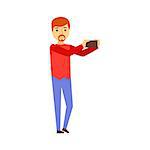 Man Taking Picture With A Smartphone, Person Being Online All The Time Obsessed With Gadget. Modern Technology Devices And Internet Life Impact Simple Vector Illustration.