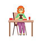 Woman Looking At Screen Of Tablet While Having Lunch, Person Being Online All The Time Obsessed With Gadget. Modern Technology Devices And Internet Life Impact Simple Vector Illustration.