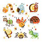 Funky Bugs And Insects Collection Of Small Animals With Smiling Faces And Stylized Design Of Bodies. Friendly Childish Creative Micro Fauna Prints In Bright Cartoon Colors On White Background.