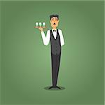 Male Waiter In Bow Tie Serving Champagne To Gamblers, Gambling And Casino Night Club Related Cartoon Illustration. Classic Las Vegas Gambling Club Cartoon Vector Drawing.