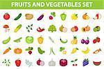 Fresh Fruit and Vegetable icon set, flat, cartoon-style. Berries and herbs isolated on white background. Farm products, vegetarian food. Vector illustration