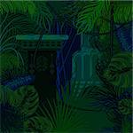 Thicket foliage jungle nature background. Dark night green and blue palm leaves, tree branches and mayan columns vector.