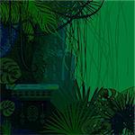 Tropical spinney foliage jungle nature background. Dark green and blue palm leaves, tree branches and old ruins vector.