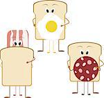 Hugs bread and bacon, sausage. Cartoon sandwich for breakfast characters