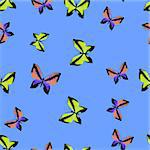 Colorful Butterflies Seamless Summer Pattern on Blue Sky Background