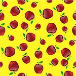 Red Apples with Green Leaves Seamless Pattern on Yellow Background