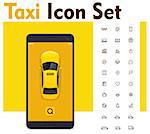 Vector taxi mobile app icon set. Includes taxi service related icons and smartphone with yellow taxicab on the screen