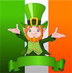 Illustration of joyful leprechaun on Ireland flag background