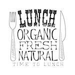 Fresh Organic Natural Cafe Lunch Menu Promo Sign In Sketch Style, Design Label Black And White Template. Monochrome Hand Drawn Promotional Poster Print Vector Illustration.