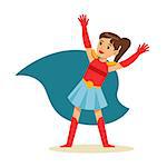 Girl With Ponytail Pretending To Have Super Powers Dressed In Superhero Costume With Blue Cape Smiling Character. Halloween Party Disguised Kid In Comics Hero Outfit Vector Illustration.