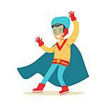 Boy Pretending To Have Super Powers Dressed In Handmade Superhero Costume With Blue Cape Smiling Character. Halloween Party Disguised Kid In Comics Hero Outfit Vector Illustration.