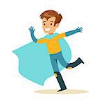 Boy Pretending To Have Super Powers Dressed In Superhero Costume With Blue Cape Running Smiling Character. Halloween Party Disguised Kid In Comics Hero Outfit Vector Illustration.