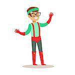 Pretending To Have Super Powers Dressed In Green And Red Superhero Costume With Suspenders And Glasses Smiling Character. Halloween Party Disguised Kid In Comics Hero Outfit Vector Illustration.