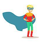 Blond Boy Pretending To Have Super Powers Dressed In Superhero Costume With Blue Cape And Mask Smiling Character. Halloween Party Disguised Kid In Comics Hero Outfit Vector Illustration.