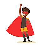 Boy Pretending To Have Super Powers Dressed In Black Superhero Costume With Red Cape And Mask Smiling Character. Halloween Party Disguised Kid In Comics Hero Outfit Vector Illustration.