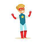 Boy Pretending To Have Super Powers Dressed In Blue Superhero Costume With Star And Mask Smiling Character. Halloween Party Disguised Kid In Comics Hero Outfit Vector Illustration.