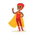 Boy Pretending To Have Super Powers Dressed In Red Superhero Costume With Yellow Cape And Helmet Smiling Character. Halloween Party Disguised Kid In Comics Hero Outfit Vector Illustration.