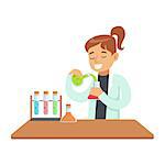 Girl Chemist Experimenting, Kid Doing Chemistry Science Research Dreaming Of Becoming Professional Scientist In The Future. Part Of Series With Children Working In Different Scientific Fields Vector Illustrations.