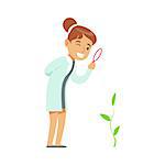 Girl Botanist Studying Plant, Kid Doing Botany Science Research Dreaming Of Becoming Professional Scientist In The Future. Part Of Series With Children Working In Different Scientific Fields Vector Illustrations.