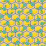 Honeycomb pattern yellow cells with blue berry vector seamless background.