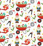 Gardening seamless pattern with gnome, flowers and tools. Spring endless background. Horticulture texture, wallpaper. Cute backdrop. Vector illustration