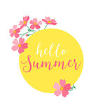 Vector illustration of a circle decorated with pink flowers, Hello summer