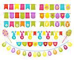 Easter party decoration vector elements. Eggs garland ,tags,and egg tree isolated on white background. Cartoon style vector illustration