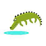 Crocodile Jumping In Small Pond Of Water, Cartoon Character And His Everyday Wild Animal Activity Illustration. Green Alligator Reptile Vector Drawing In Childish Cute