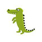 Crocodile Smiling Standing Upright, Cartoon Character And His Everyday Wild Animal Activity Illustration. Green Alligator Reptile Vector Drawing In Childish Cute