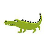 Crocodile Going For A Walk , Cartoon Character And His Everyday Wild Animal Activity Illustration. Green Alligator Reptile Vector Drawing In Childish Cute