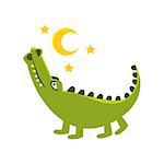 Romantic Crocodile Walking Under Night Sky, Cartoon Character And His Everyday Wild Animal Activity Illustration. Green Alligator Reptile Vector Drawing In Childish Cute