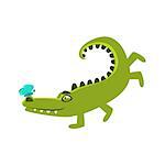 Crocodile Playing With Butterfly Sitting On Hos Nose, Cartoon Character And His Everyday Wild Animal Activity Illustration. Green Alligator Reptile Vector Drawing In Childish Cute