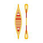 Yellow And Red Woden Canoe With Peddle, Part Of Boat And Water Sports Series Of Simple Flat Vector Illustrations. River Boating Sportive Equipment Piece Isolated Item On White Background.