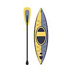 Yellow And Blue Kayak And Peddle, Part Of Boat And Water Sports Series Of Simple Flat Vector Illustrations. River Boating Sportive Equipment Piece Isolated Item On White Background.