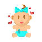 Small Happy Baby Girl Sitting In Blue Nappy With Hearts Around Vector Simple Illustrations With Cute Infant. Part Of Infancy Series Of Isolated Flat Icons With Smiling Kids And Their Activities.