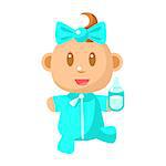 Small Happy Baby Walking In Blue Pajama Holding A Milk Bottle Vector Simple Illustrations With Cute Infant. Part Of Infancy Series Of Isolated Flat Icons With Smiling Kids And Their Activities.