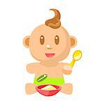 Small Happy Baby Boy In Green Nappy Eating Porridge With Spoon Vector Simple Illustrations With Cute Infant. Part Of Infancy Series Of Isolated Flat Icons With Smiling Kids And Their Activities.