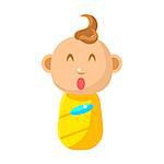 Small Happy Newborn Baby Swaddled In Yellow Diaper Vector Simple Illustrations With Cute Infant. Part Of Infancy Series Of Isolated Flat Icons With Smiling Kids And Their Activities.