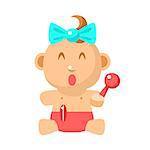 Small Happy Baby Girl Sitting With Toy Shaker In Red Nappy Vector Simple Illustrations With Cute Infant. Part Of Infancy Series Of Isolated Flat Icons With Smiling Kids And Their Activities.