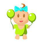 Small Happy Baby Girl In Green Onesie With Two Balloons Vector Simple Illustrations With Cute Infant. Part Of Infancy Series Of Isolated Flat Icons With Smiling Kids And Their Activities.